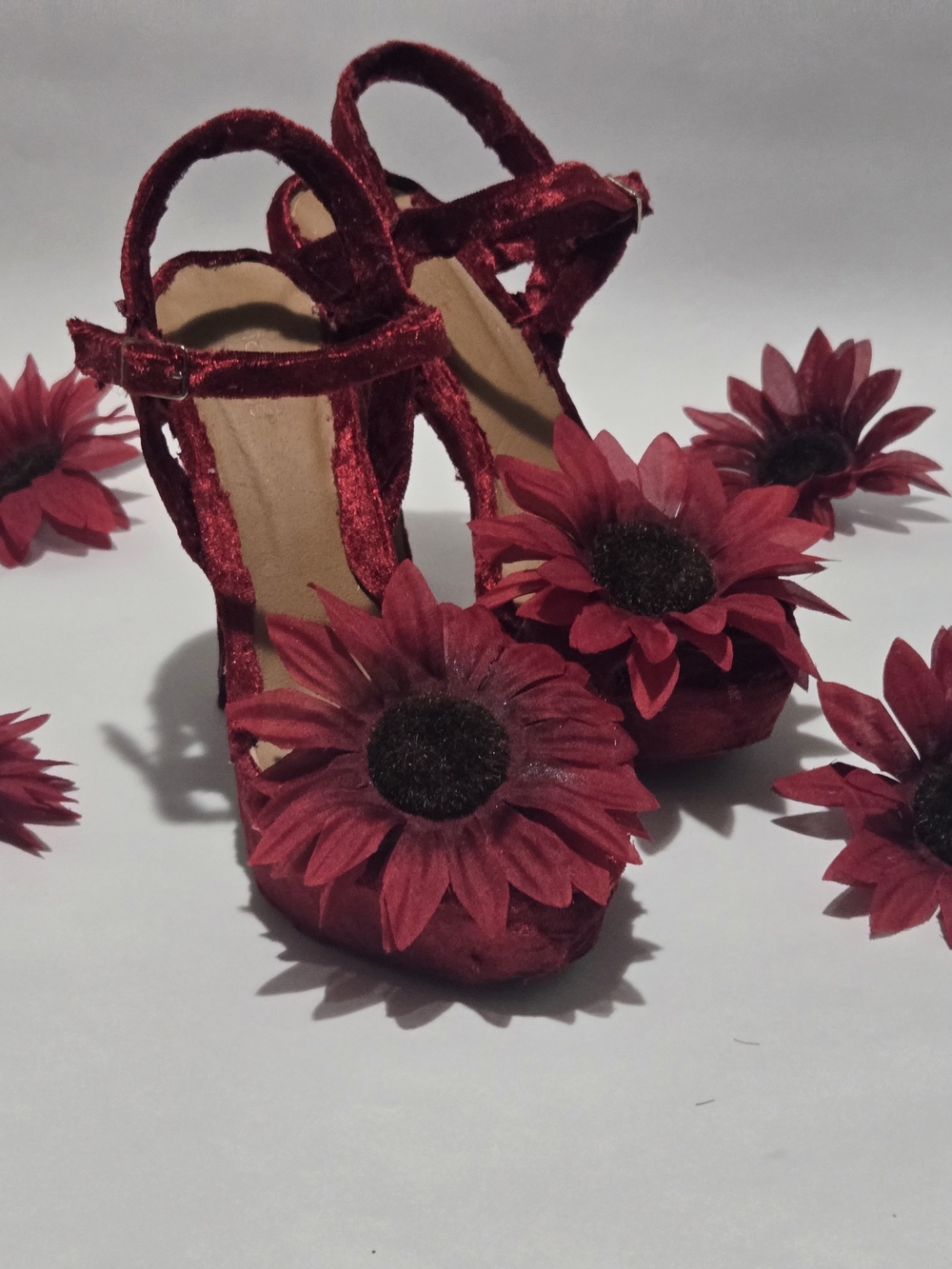 Red Velvet Floral Platform Heels with Ankle Strap